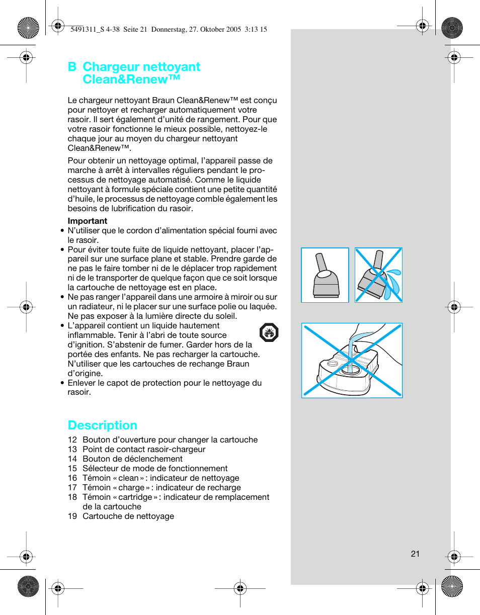 B chargeur nettoyant clean&renew, Description | Braun 7680 SyncroPro System User Manual | Page 21 / 37