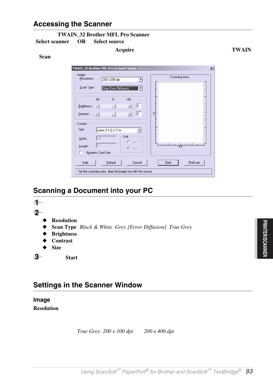 Accessing the scanner, Scanning a document into your pc, Settings in the scanner window | Image | Brother MFC-9030 User Manual | Page 102 / 166