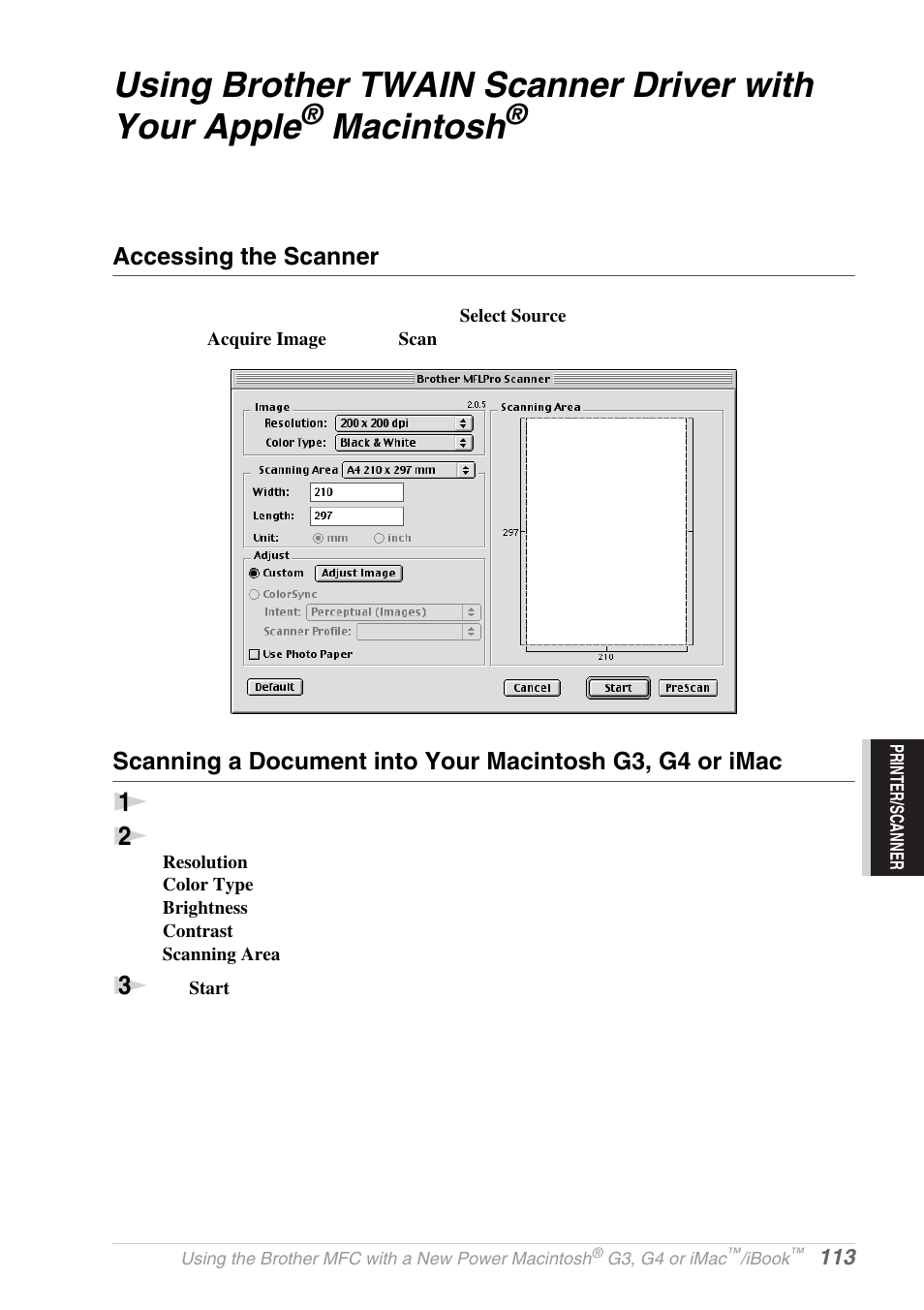 Accessing the scanner, Using brother twain scanner driver with your apple, Macintosh | Brother MFC-9030 User Manual | Page 122 / 166