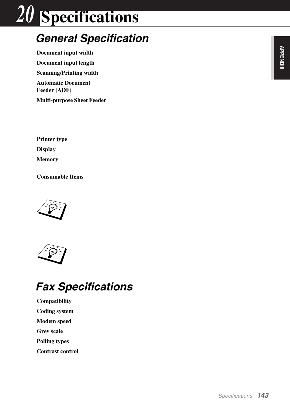 20 specifications, General specification, Fax specifications | Chapter 20, Specifications, General specification fax specifications | Brother MFC-9030 User Manual | Page 152 / 166