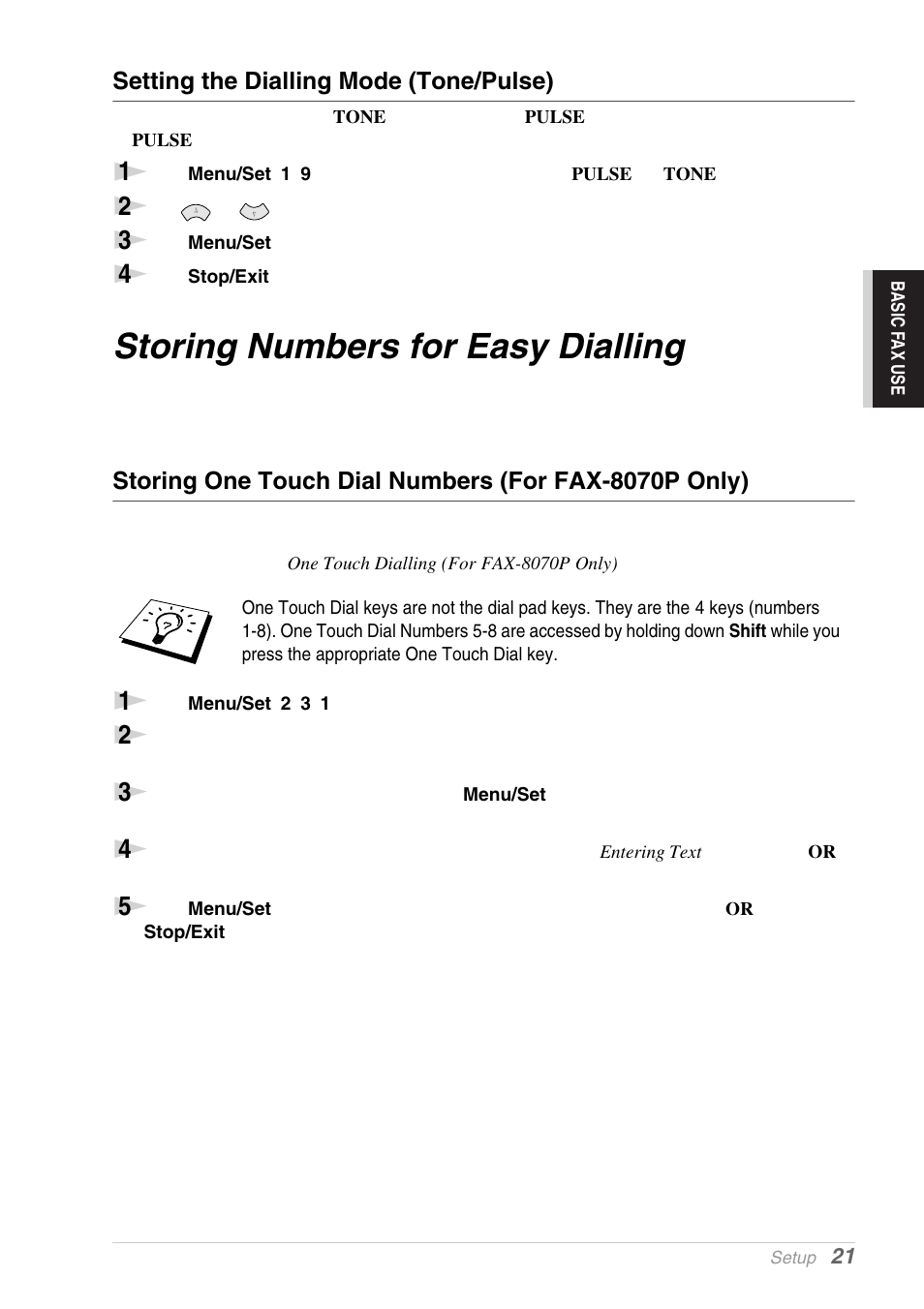 Setting the dialling mode (tone/pulse), Storing numbers for easy dialling | Brother MFC-9030 User Manual | Page 30 / 166