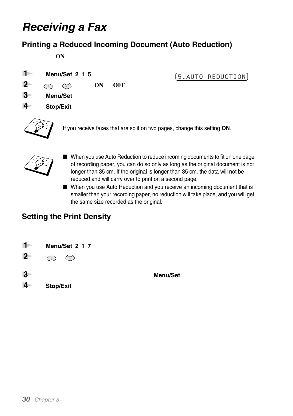 Receiving a fax, Setting the print density | Brother MFC-9030 User Manual | Page 39 / 166