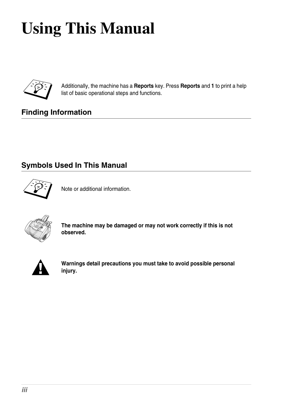 Using this manual, Finding information, Symbols used in this manual | Brother MFC-9030 User Manual | Page 4 / 166