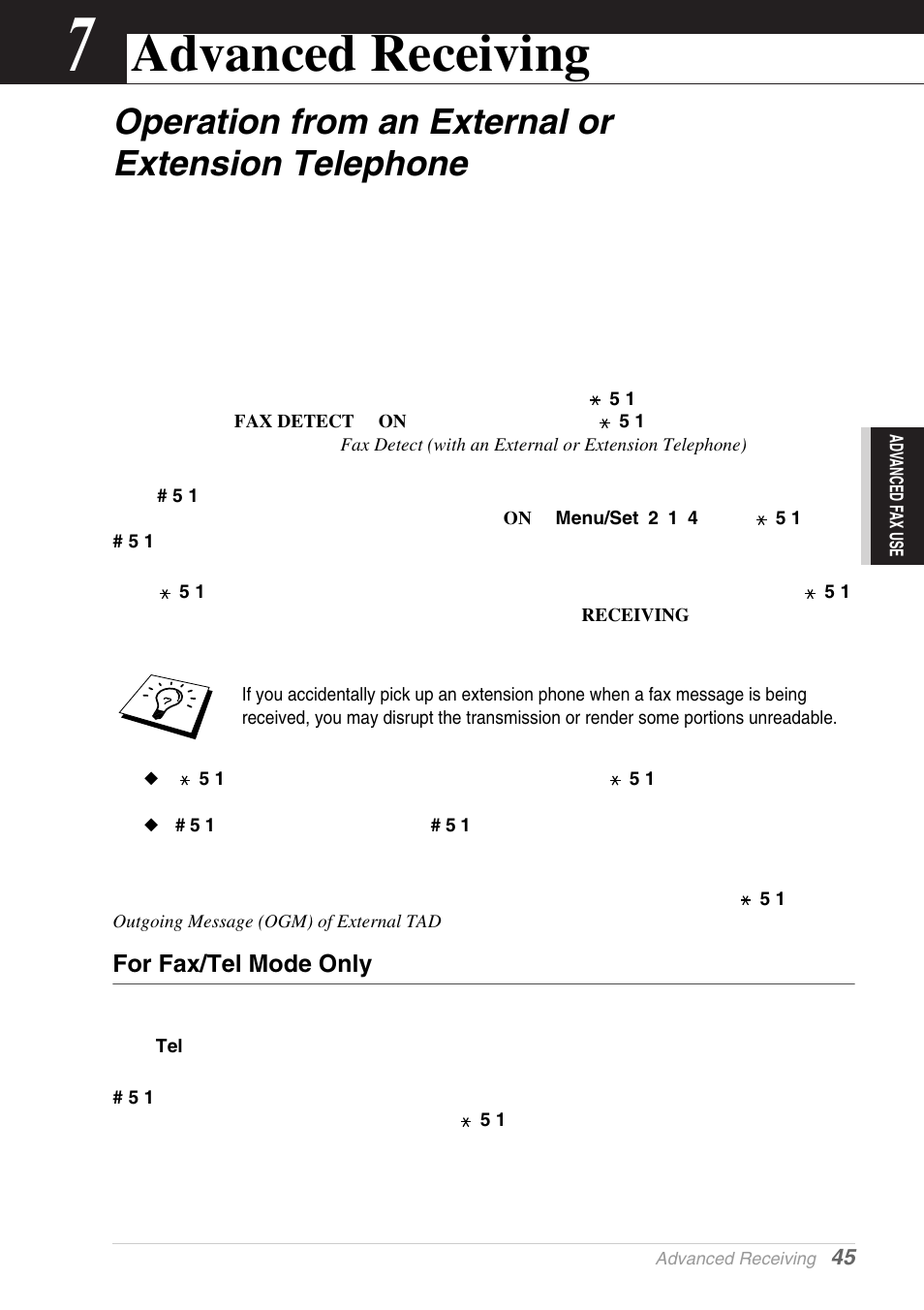 7 advanced receiving, Operation from an external or extension telephone, For fax/tel mode only | Chapter 7, Advanced receiving | Brother MFC-9030 User Manual | Page 54 / 166