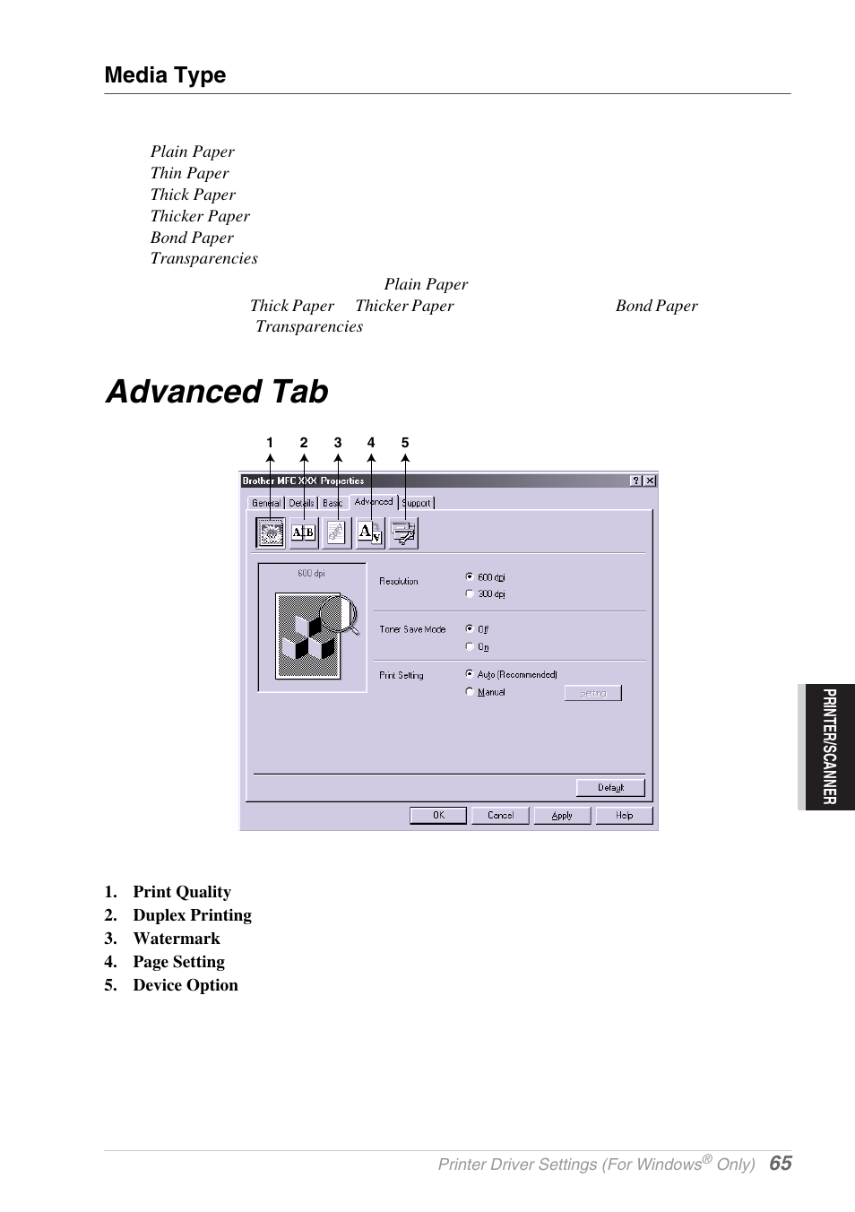 Media type, Advanced tab | Brother MFC-9030 User Manual | Page 74 / 166