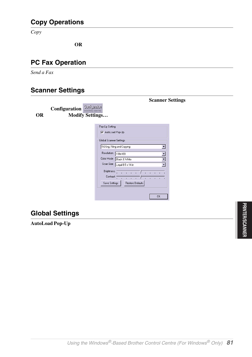 Copy operations, Pc fax operation, Scanner settings | Global settings | Brother MFC-9030 User Manual | Page 90 / 166