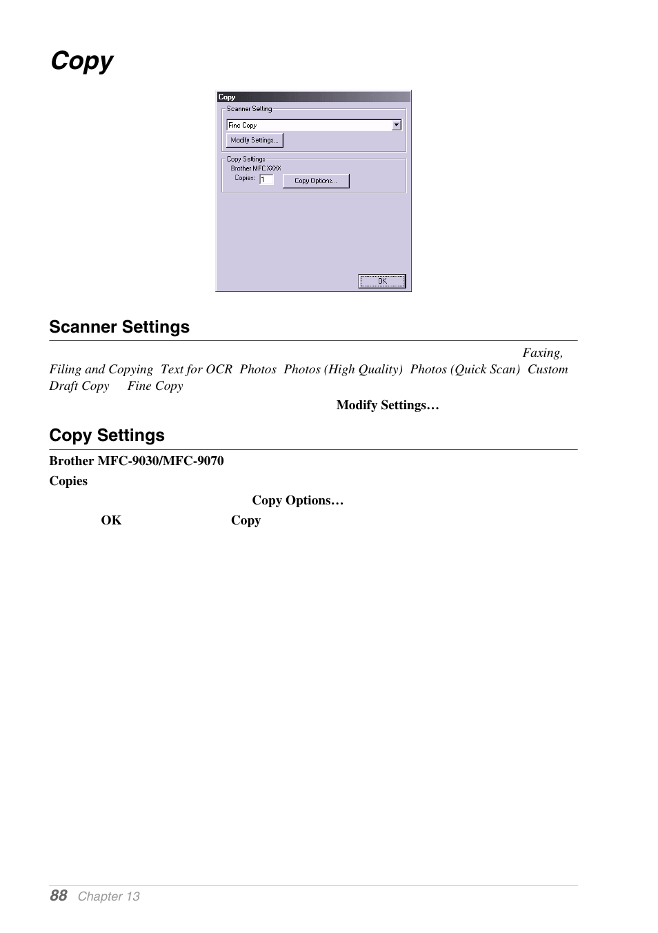Copy, Scanner settings, Copy settings | Brother MFC-9030 User Manual | Page 97 / 166