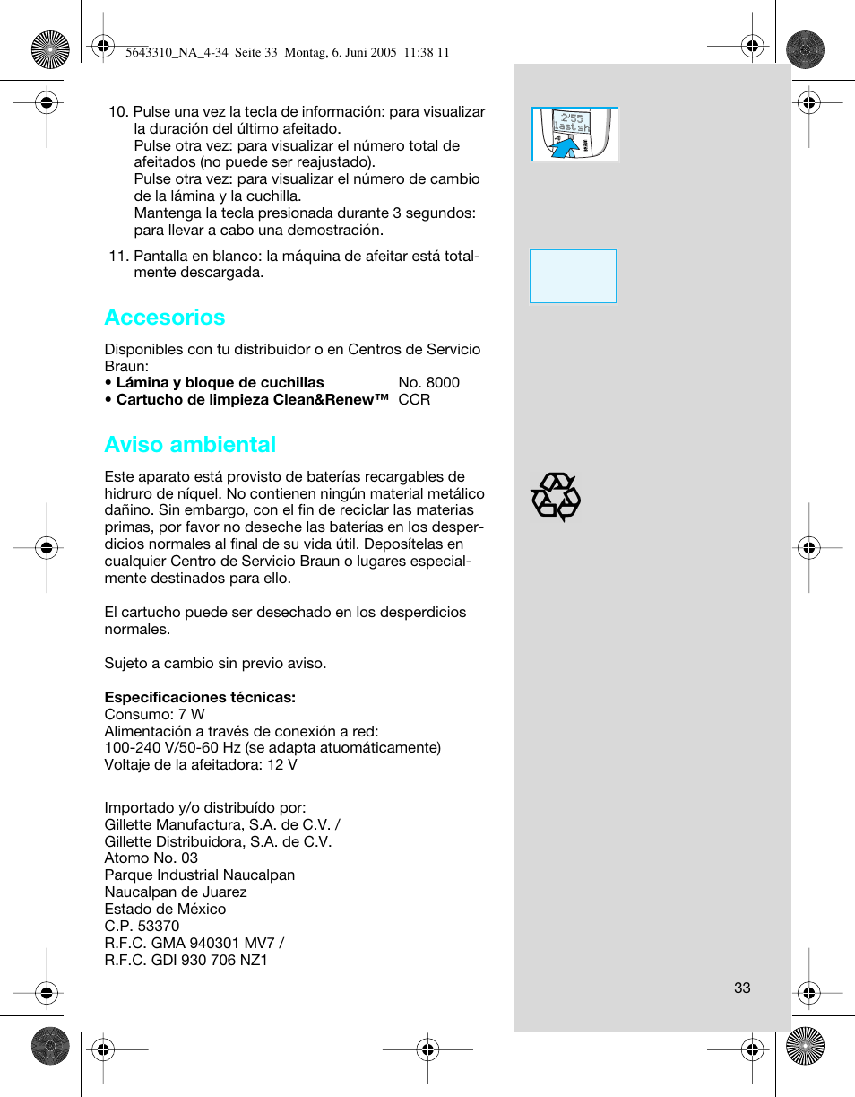 Accesorios, Aviso ambiental | Braun 8595 Activator User Manual | Page 33 / 34