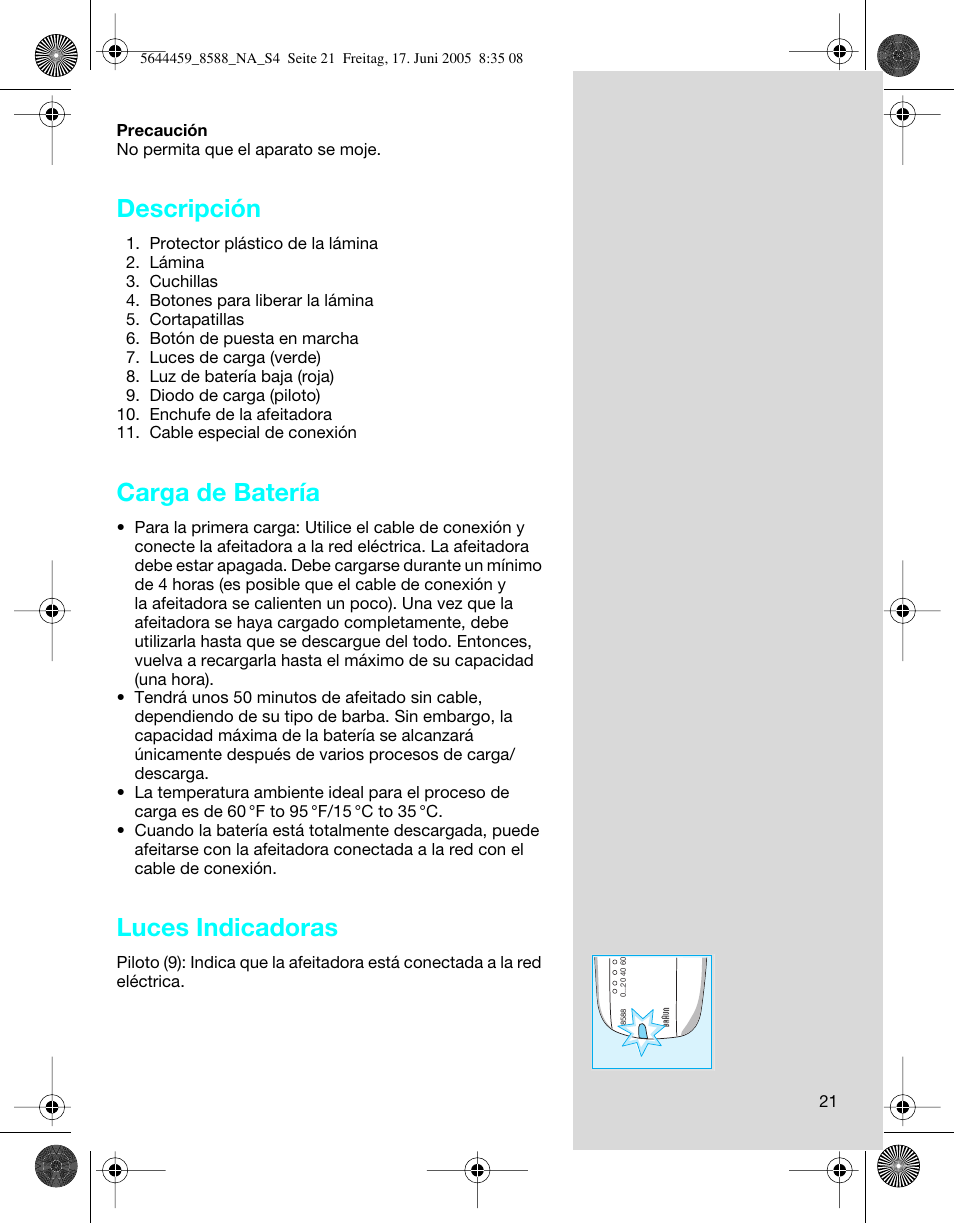 Descripción, Carga de batería, Luces indicadoras | Braun 8588 Activator  EU User Manual | Page 21 / 25