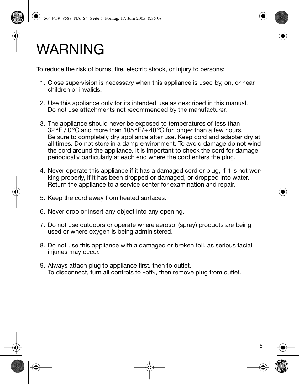 Warning | Braun 8588 Activator  EU User Manual | Page 5 / 25