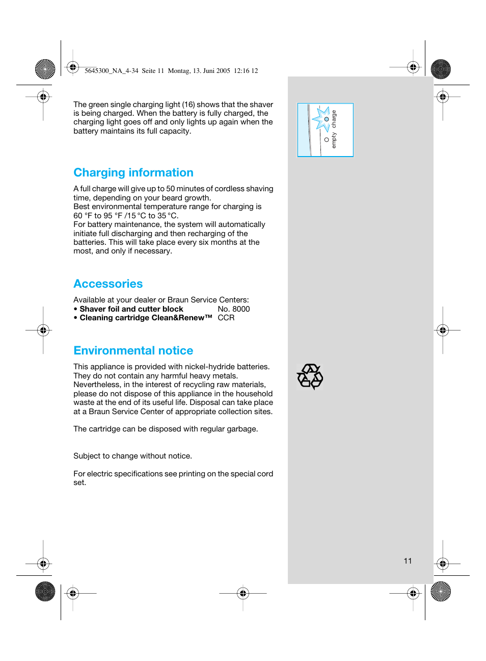 Charging information, Accessories, Environmental notice | Braun 8781 Activator User Manual | Page 11 / 32