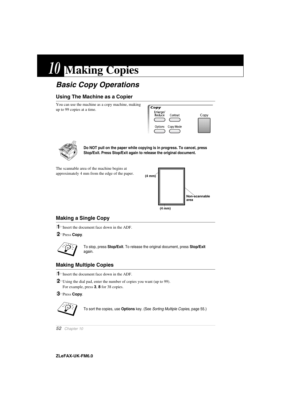10 making copies, Basic copy operations, Using the machine as a copier | Making a single copy, Making multiple copies, Chapter 10, Making copies | Brother FAX-8360P User Manual | Page 60 / 112