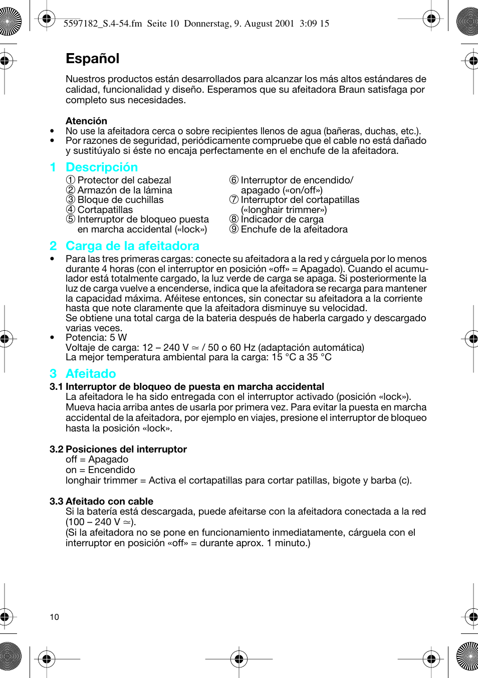 Español, 1 descripción 1, 2 carga de la afeitadora | 3 afeitado | Braun 1507 Braun 1000 User Manual | Page 10 / 52