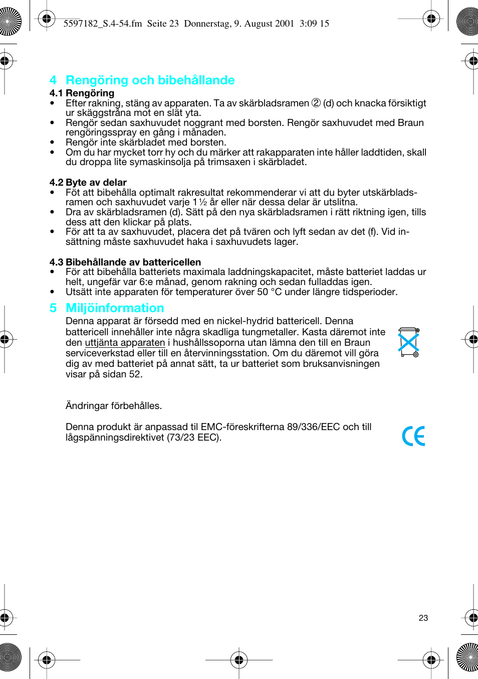 4 rengöring och bibehållande, 5 miljöinformation | Braun 1507 Braun 1000 User Manual | Page 23 / 52