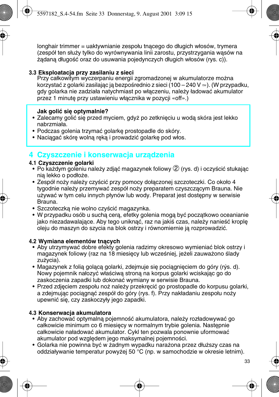 4 czyszczenie i konserwacja urzàdzenia | Braun 1507 Braun 1000 User Manual | Page 33 / 52