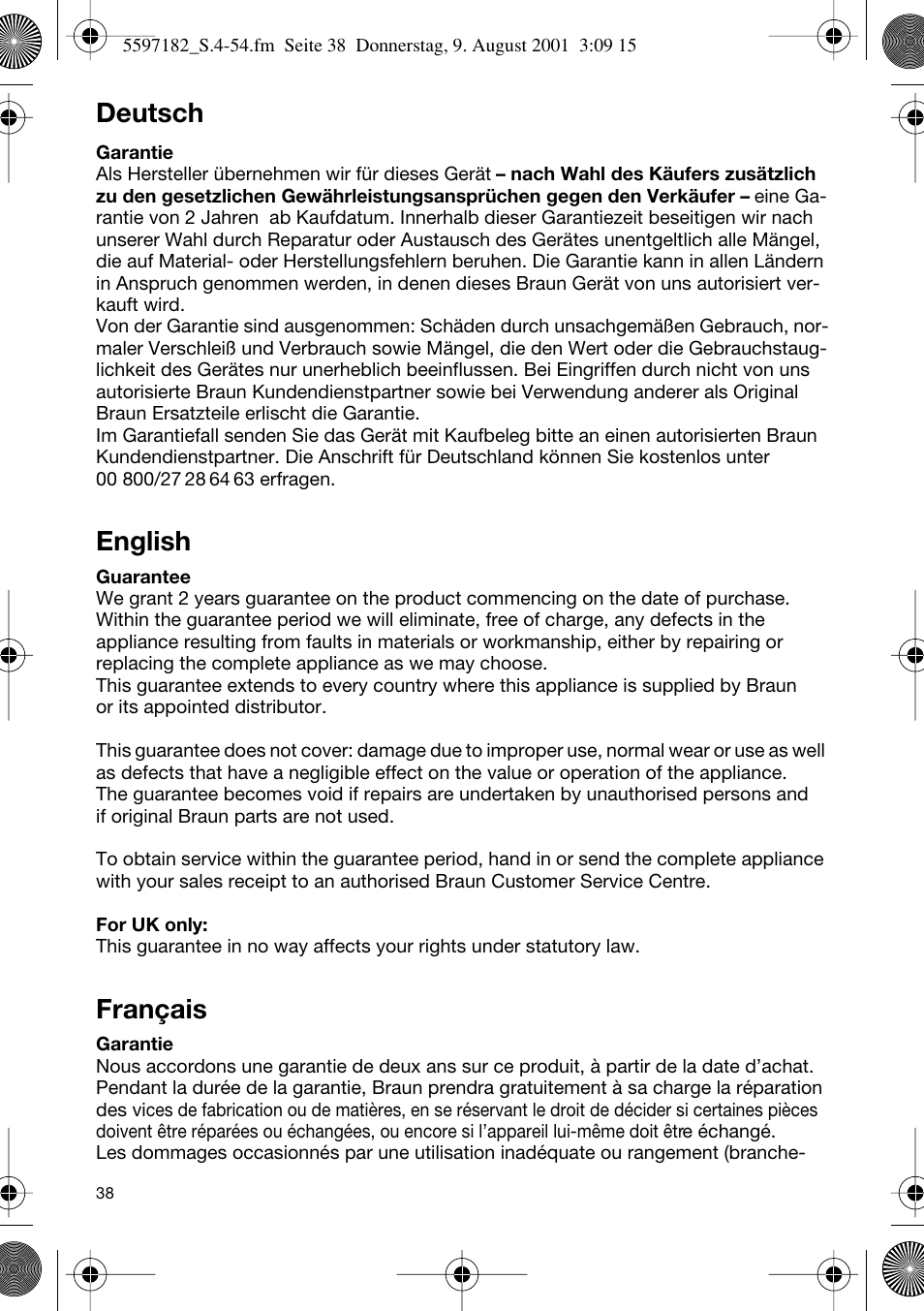 Deutsch, English, Français | Braun 1507 Braun 1000 User Manual | Page 38 / 52