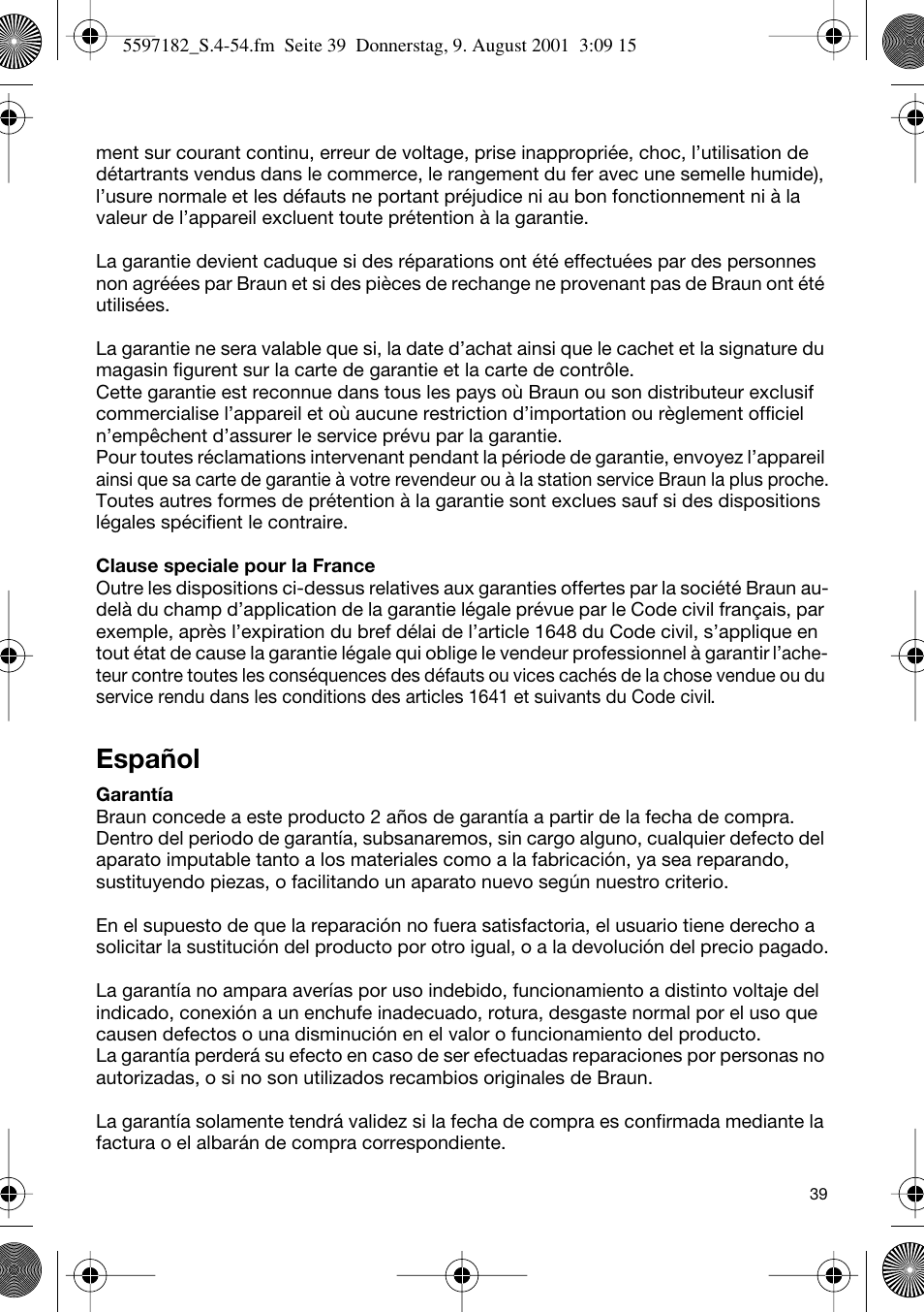 Español | Braun 1507 Braun 1000 User Manual | Page 39 / 52