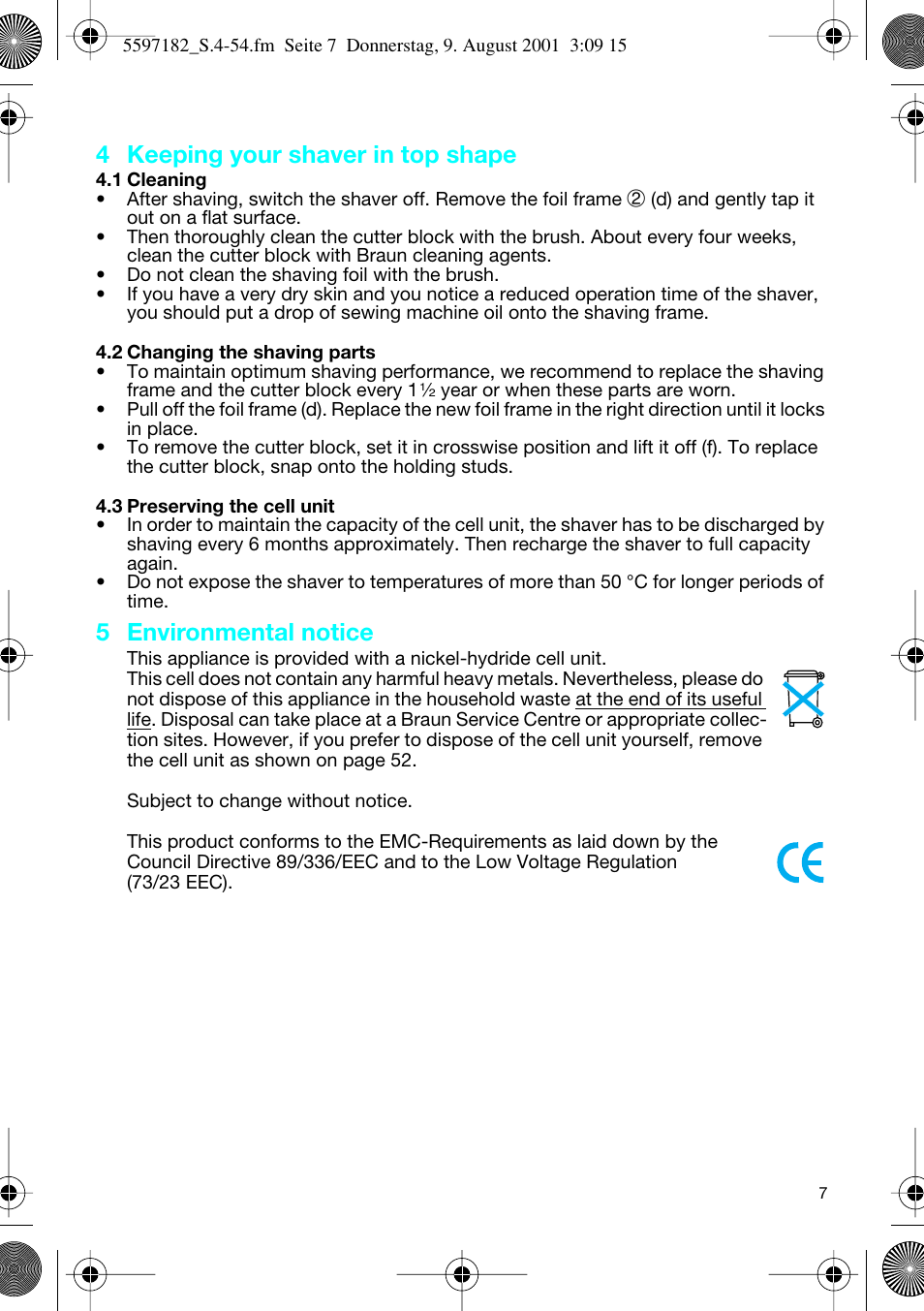 4 keeping your shaver in top shape, 5 environmental notice | Braun 1507 Braun 1000 User Manual | Page 7 / 52