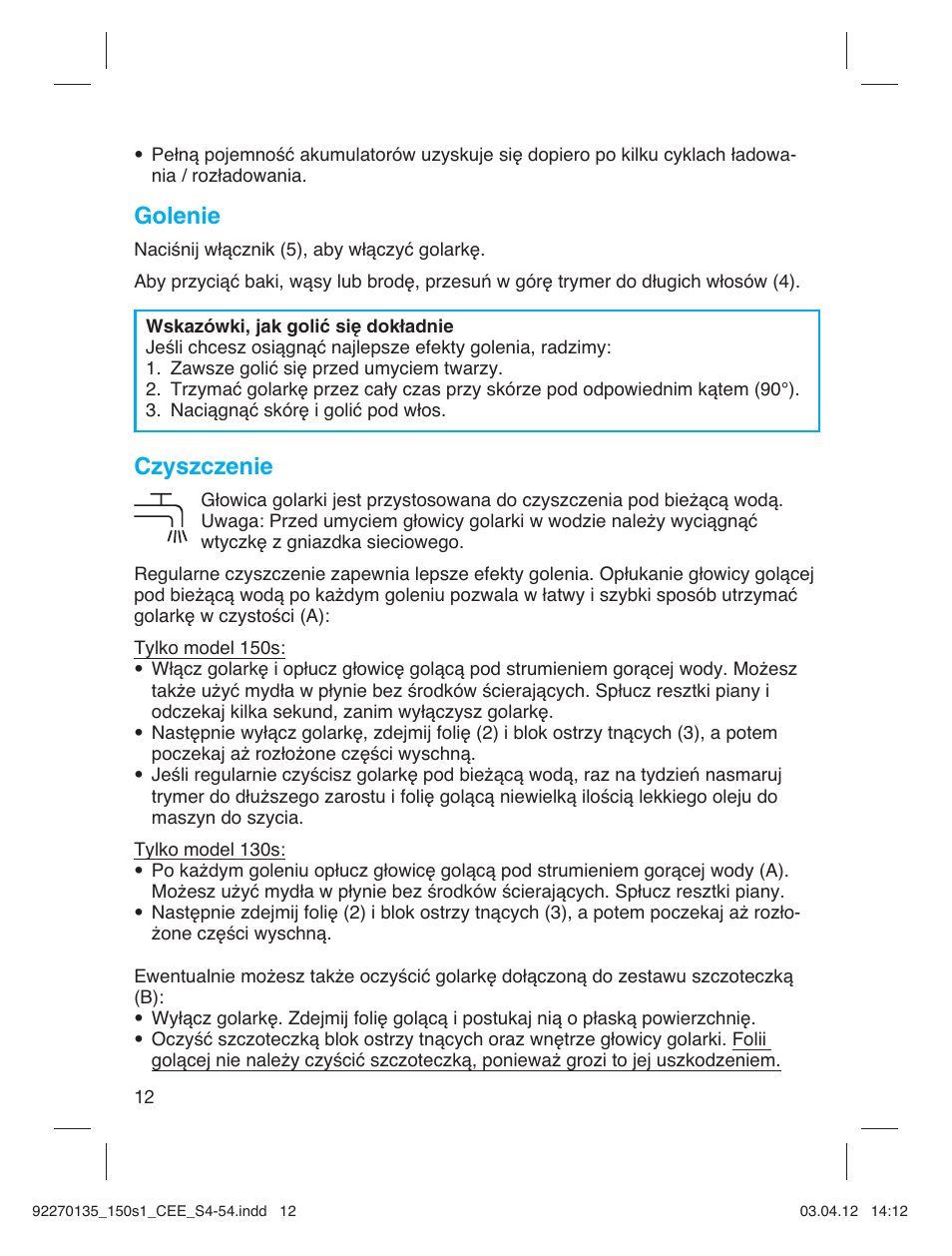 Golenie, Czyszczenie | Braun 130s-1-5683 Series 1 User Manual | Page 12 / 52