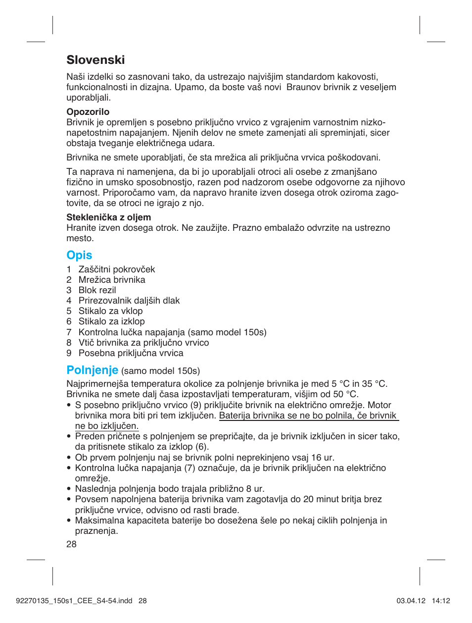 Slovenski, Opis, Polnjenje | Braun 130s-1-5683 Series 1 User Manual | Page 28 / 52