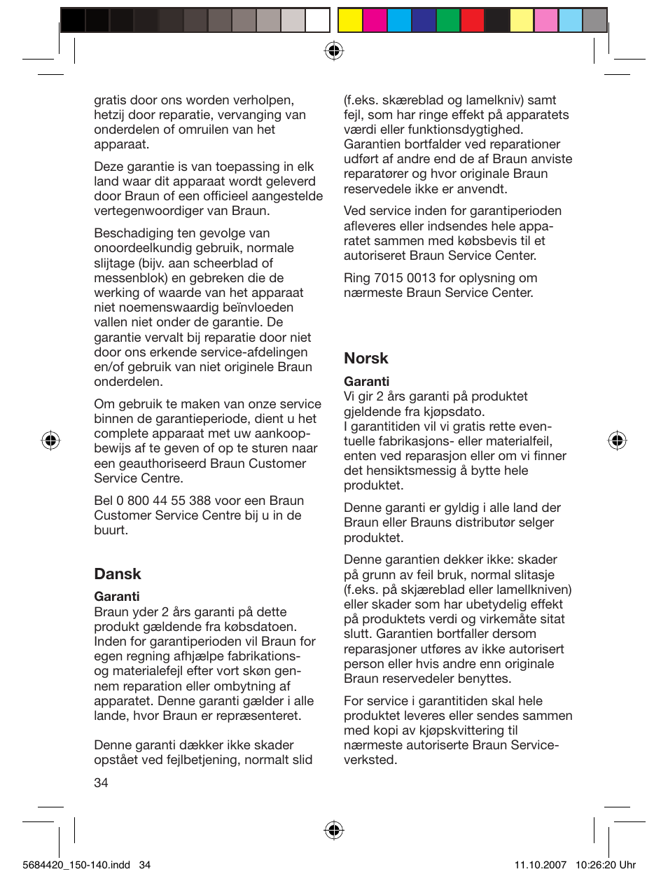 Dansk, Norsk | Braun 140-5684 Series 1 User Manual | Page 34 / 36