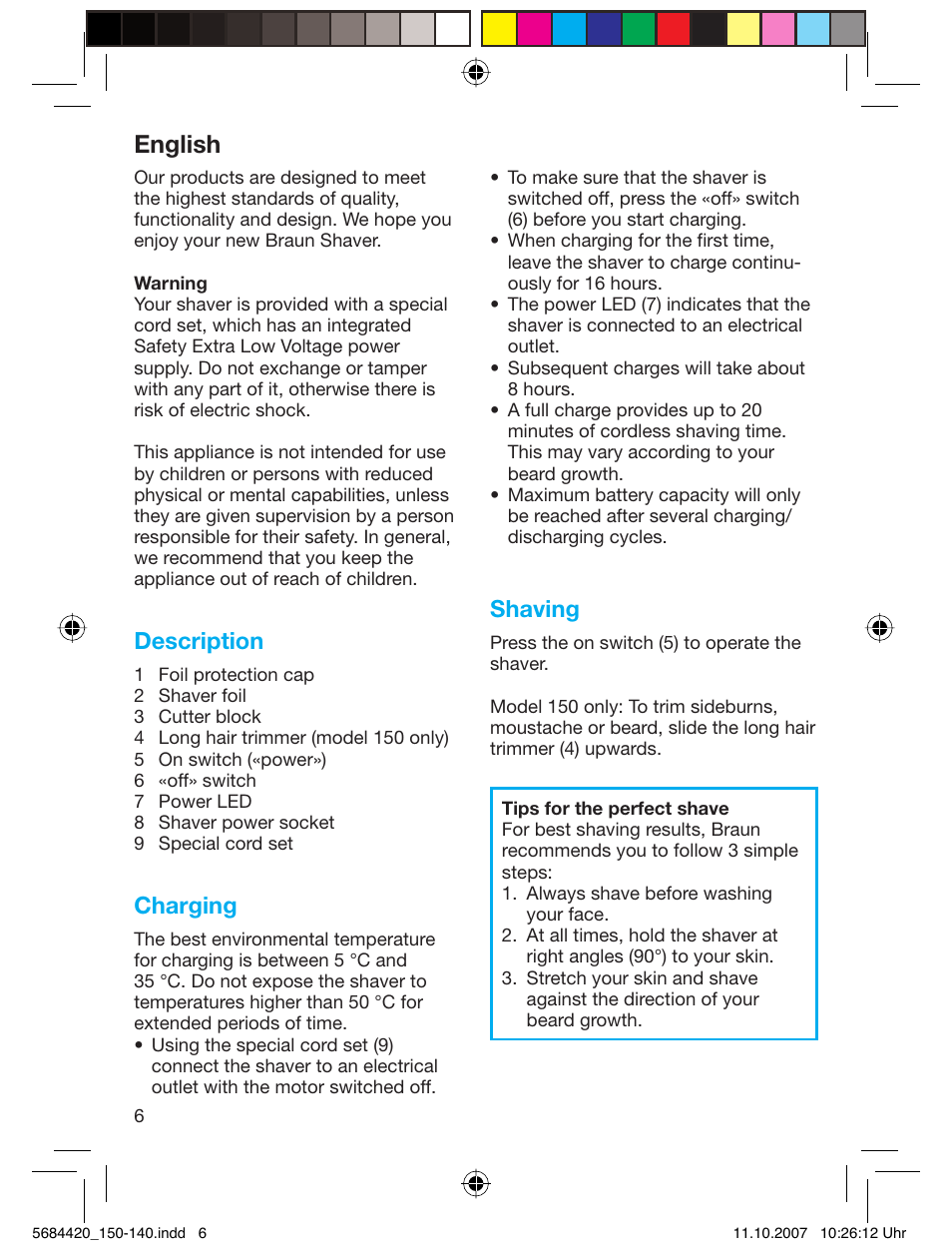 English, Description, Charging | Shaving | Braun 140-5684 Series 1 User Manual | Page 6 / 36