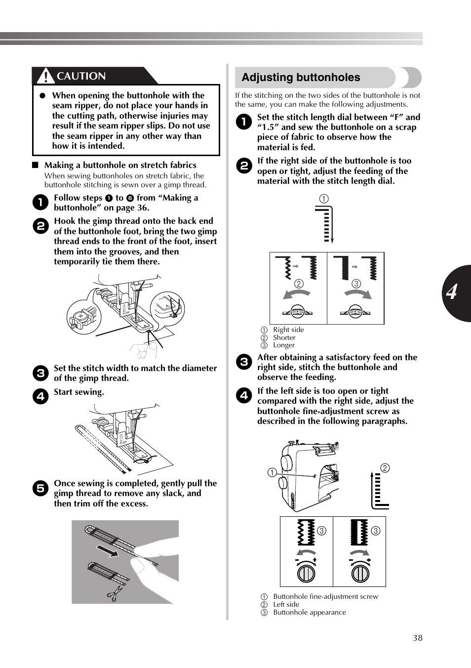 Adjusting buttonholes, Caution | Brother XT37 User Manual | Page 39 / 52