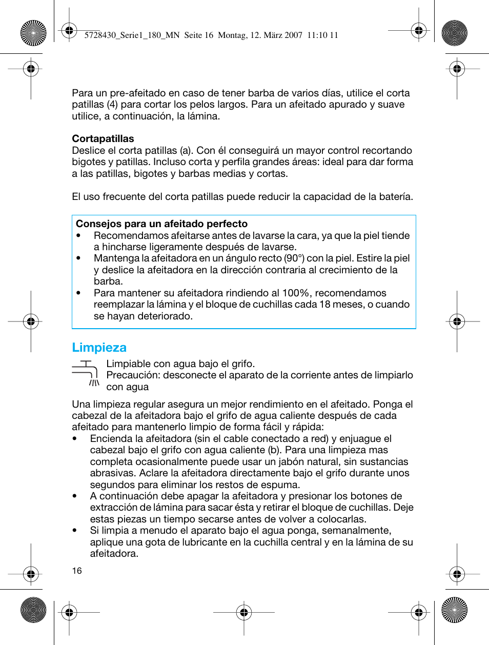 Limpieza | Braun 180 Series 1 User Manual | Page 15 / 51