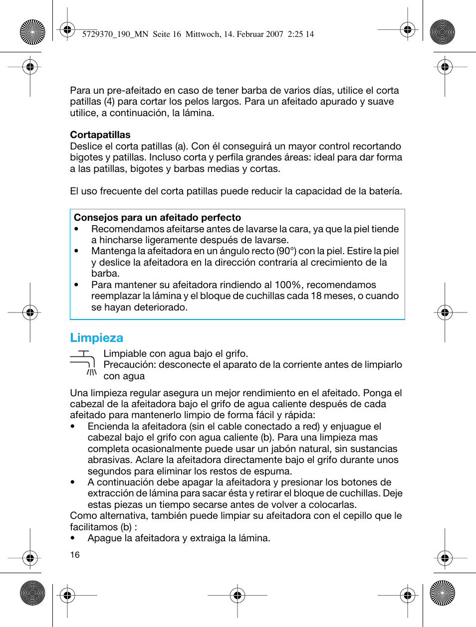 Limpieza | Braun 190 Series 1 User Manual | Page 15 / 51