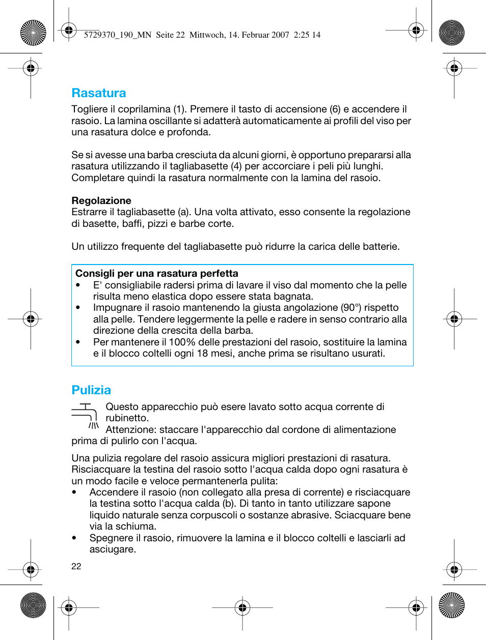 Rasatura, Pulizia | Braun 190 Series 1 User Manual | Page 21 / 51
