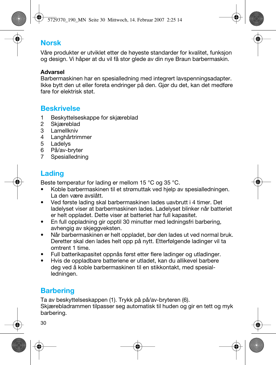 Norsk, Beskrivelse, Lading | Barbering | Braun 190 Series 1 User Manual | Page 29 / 51