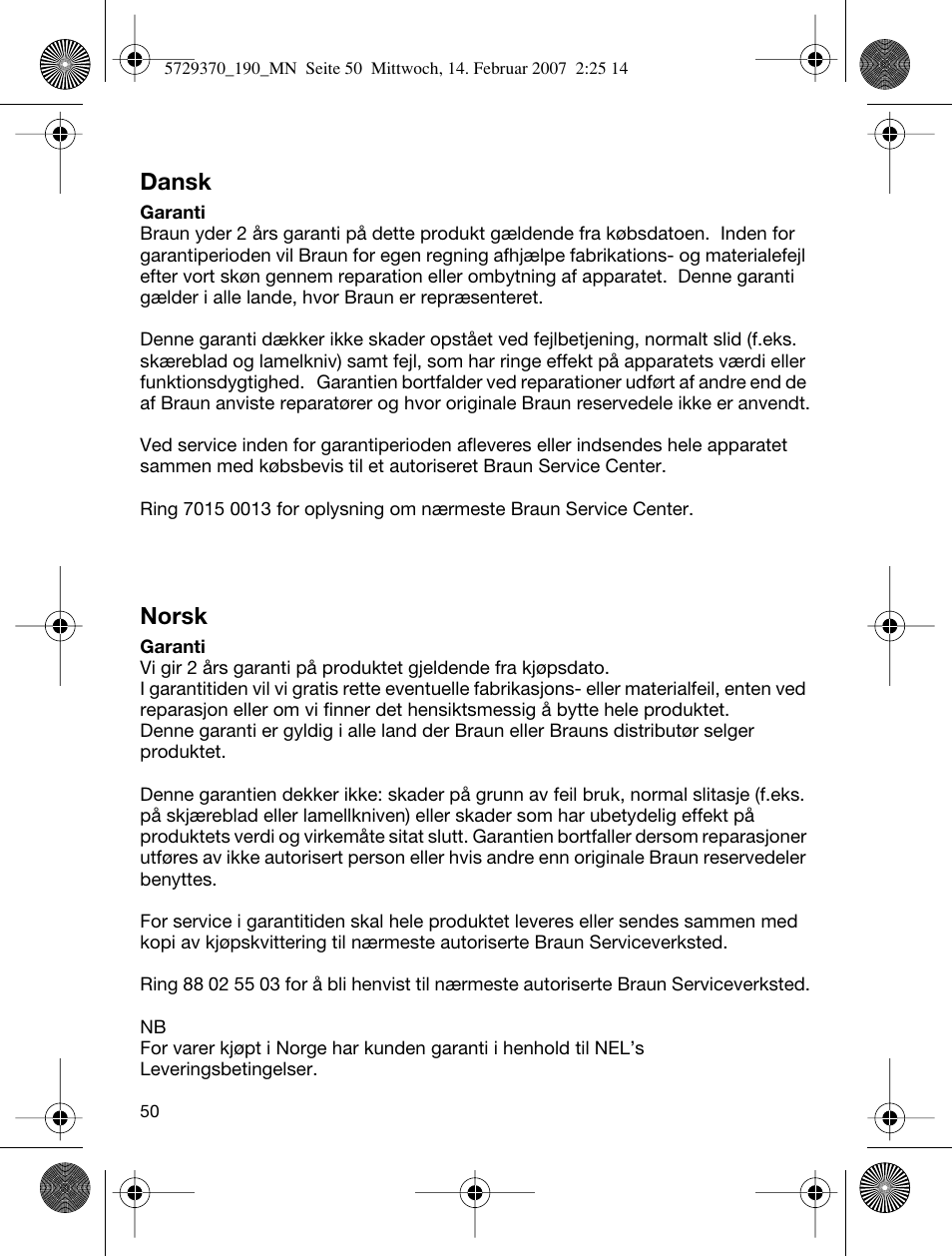 Dansk, Norsk | Braun 190 Series 1 User Manual | Page 49 / 51