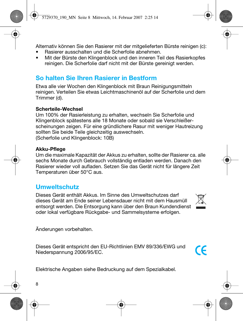 So halten sie ihren rasierer in bestform, Umweltschutz | Braun 190 Series 1 User Manual | Page 7 / 51
