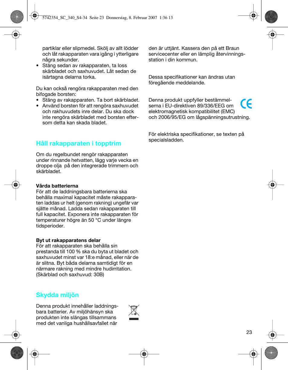 Håll rakapparaten i topptrim, Skydda miljön | Braun 340 Series 3 User Manual | Page 23 / 33