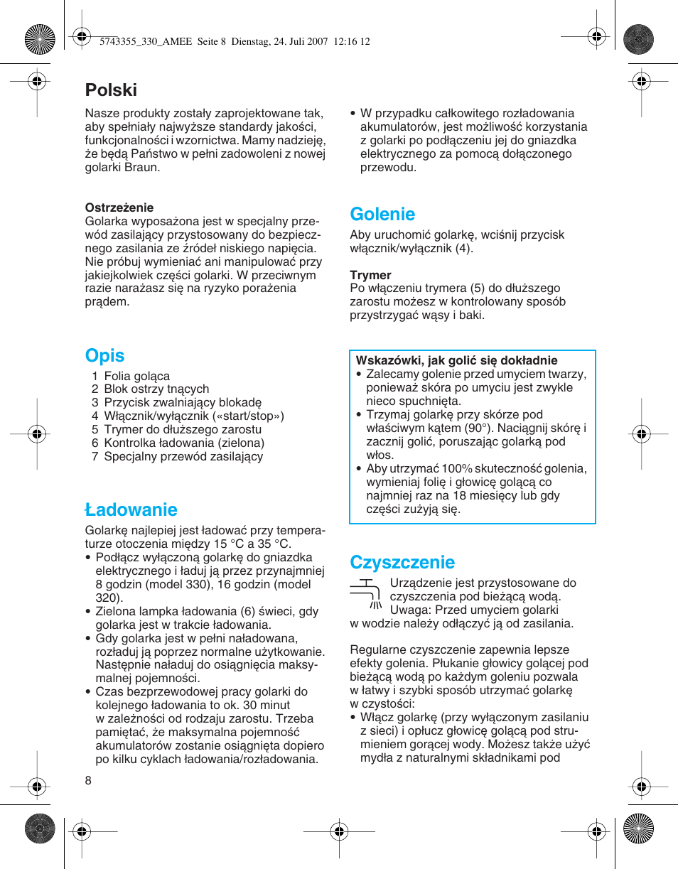 Polski, Opis, Adowanie | Golenie, Czyszczenie | Braun 320 Series 3  FR User Manual | Page 8 / 35