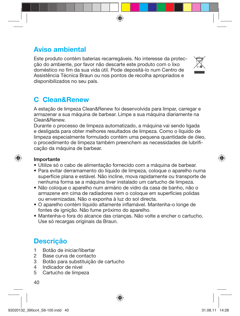 Aviso ambiental, C clean&renew, Descrição | Braun 370cc-4 Series 3 User Manual | Page 40 / 98