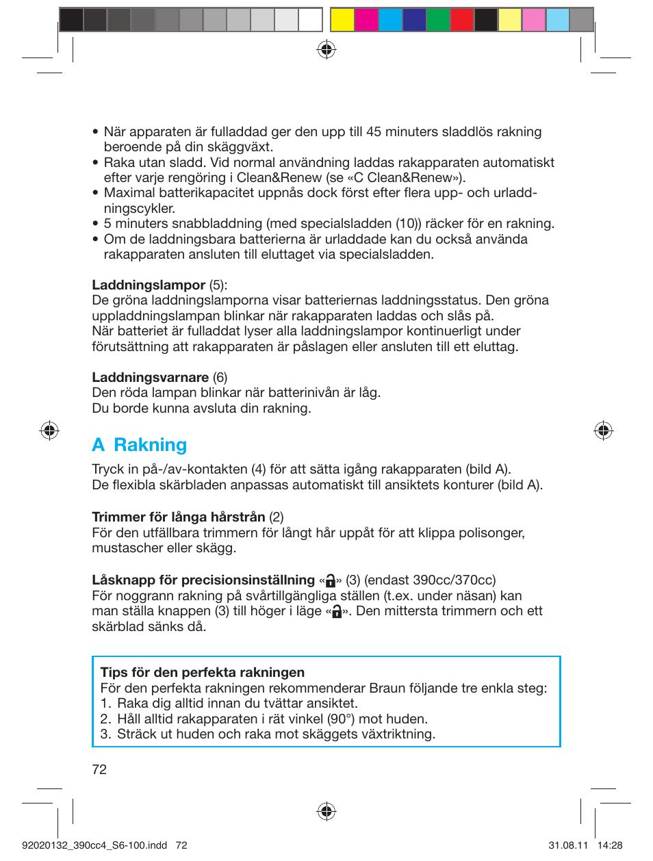 A rakning | Braun 370cc-4 Series 3 User Manual | Page 72 / 98