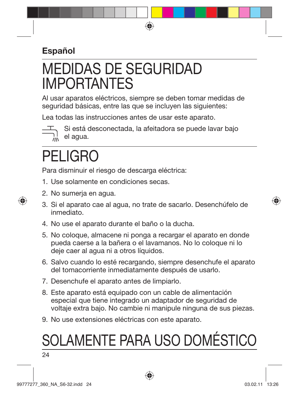 Medidas de seguridad importantes, Peligro, Solamente para uso doméstico | Braun 360s-4 Series 3 User Manual | Page 23 / 31