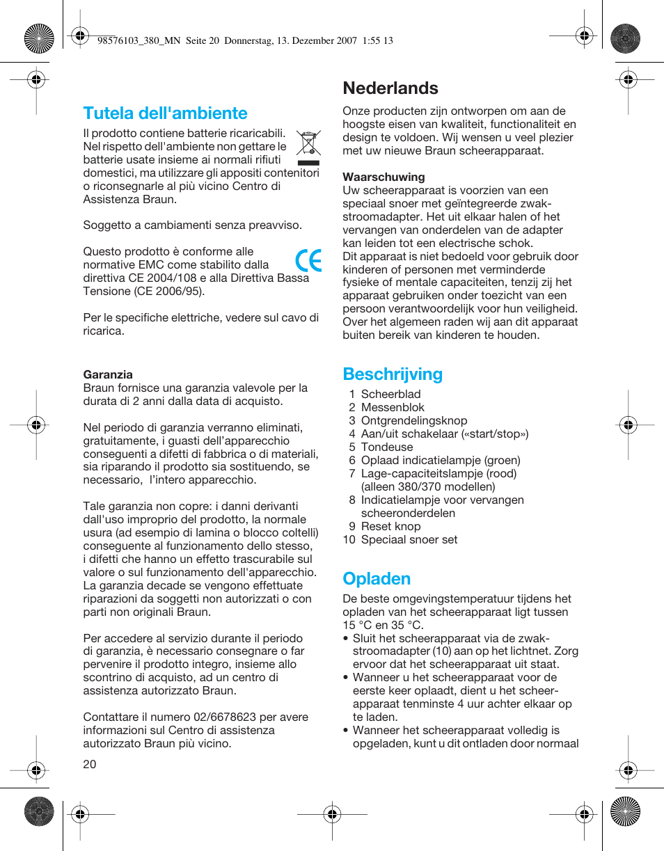 Nederlands tutela dell'ambiente, Beschrijving, Opladen | Braun 380-5736 Series 3 User Manual | Page 20 / 41