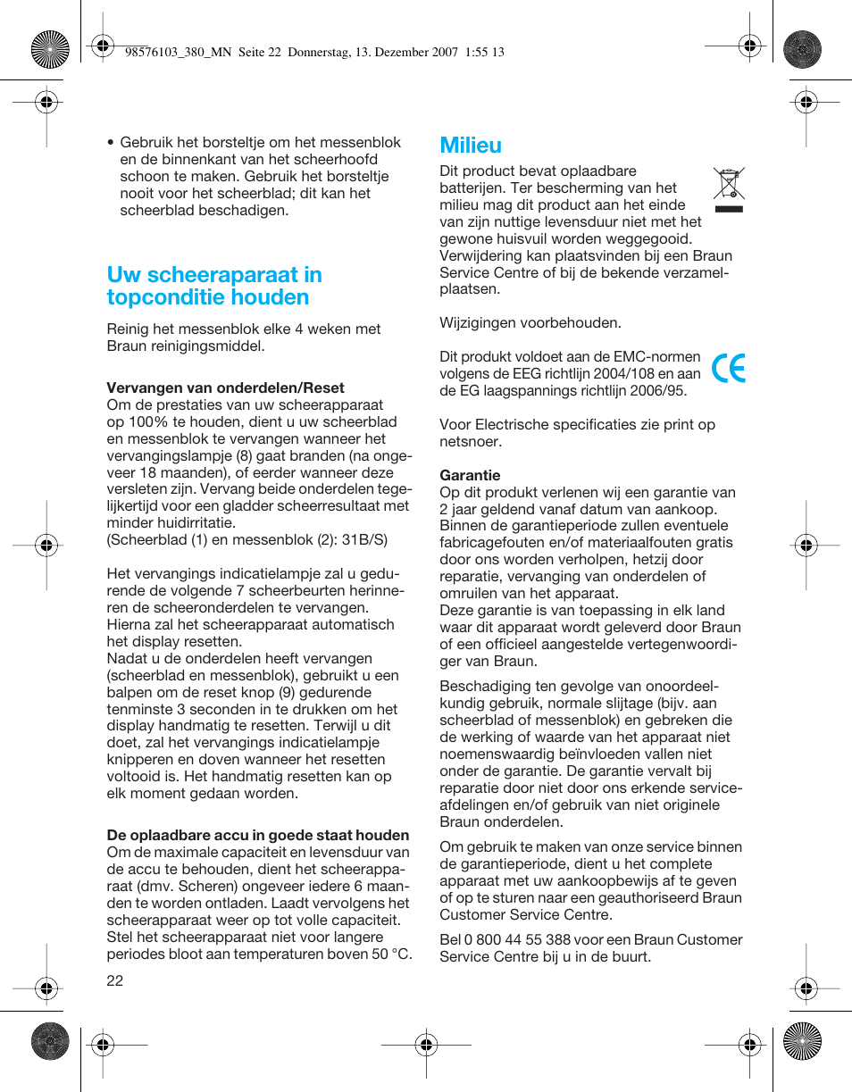 Uw scheeraparaat in topconditie houden, Milieu | Braun 380-5736 Series 3 User Manual | Page 22 / 41