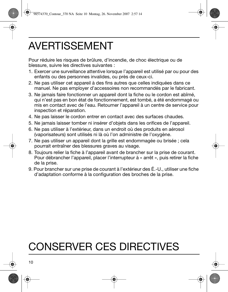 Avertissement, Conserver ces directives | Braun 370 Series 3 User Manual | Page 10 / 18