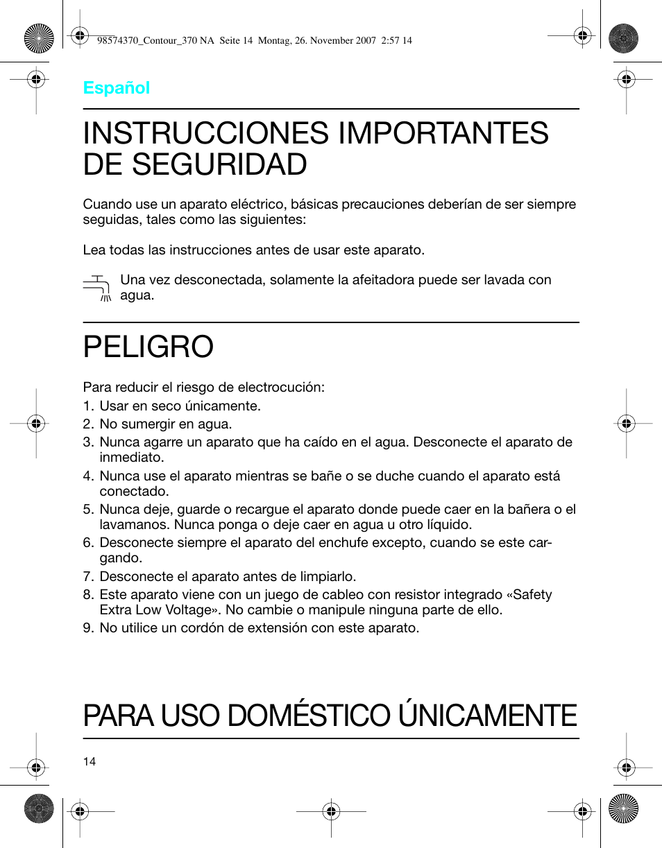 Instrucciones importantes de seguridad, Peligro, Para uso doméstico únicamente | Braun 370 Series 3 User Manual | Page 14 / 18