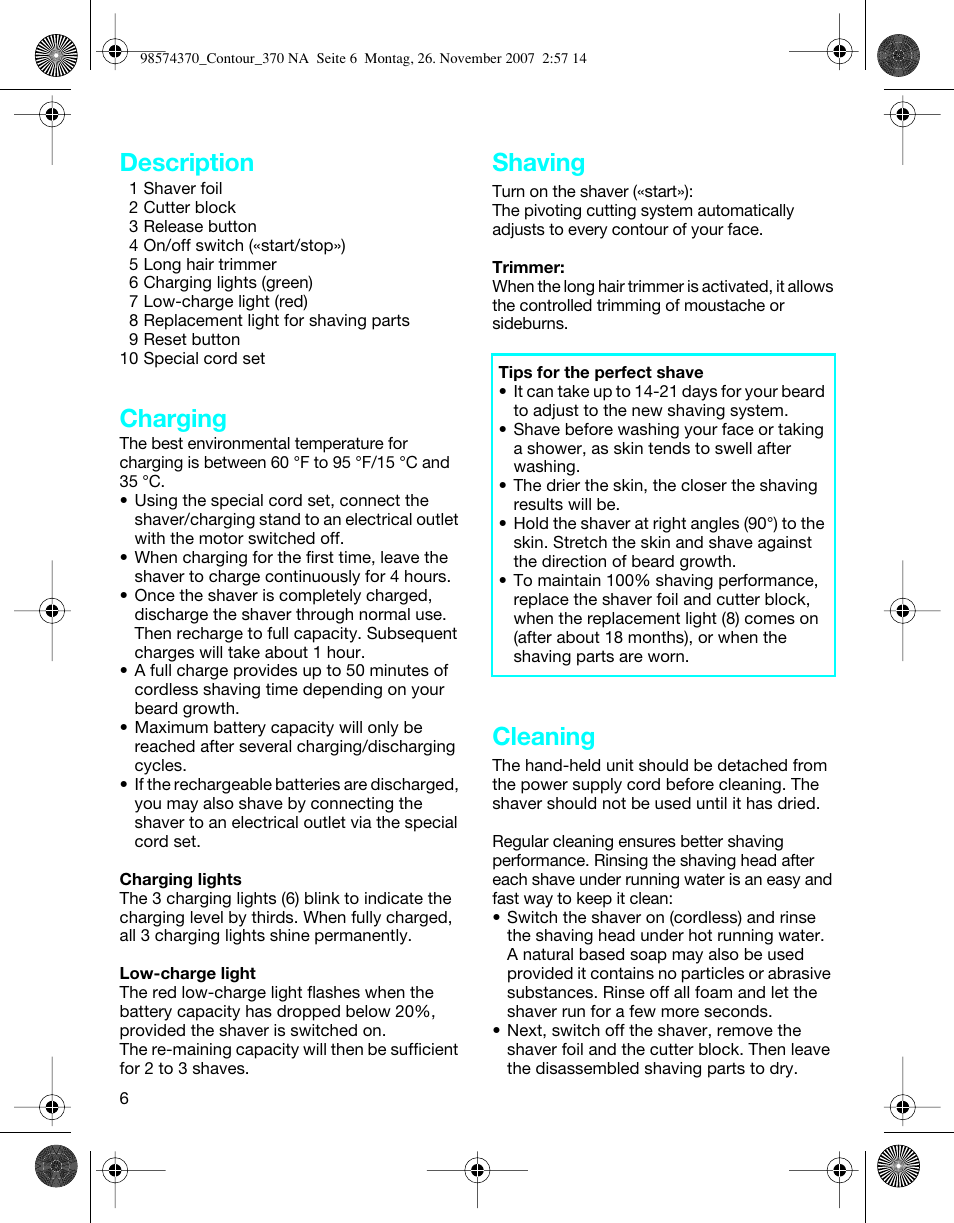 Description, Charging, Shaving | Cleaning | Braun 370 Series 3 User Manual | Page 6 / 18