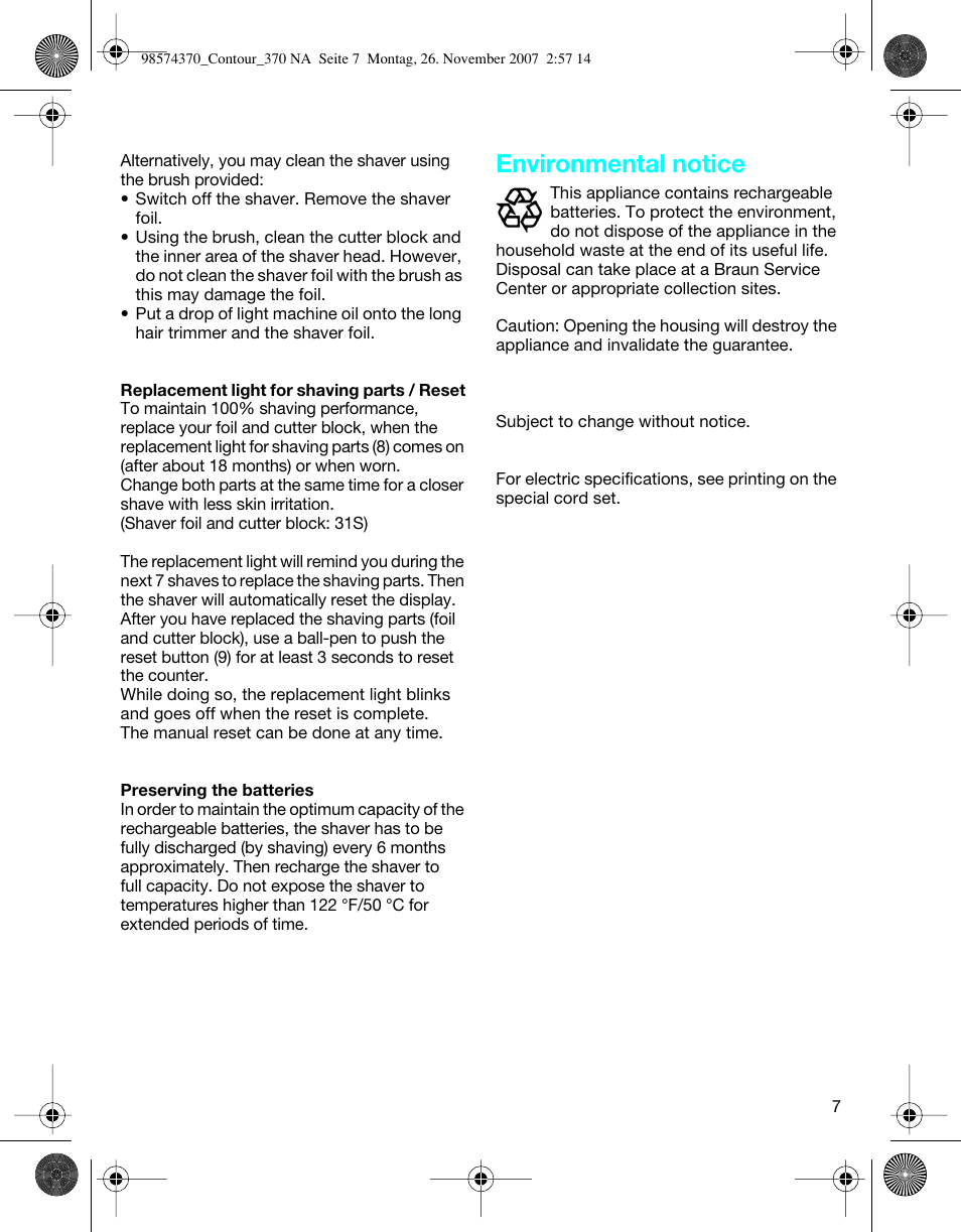 Environmental notice | Braun 370 Series 3 User Manual | Page 7 / 18