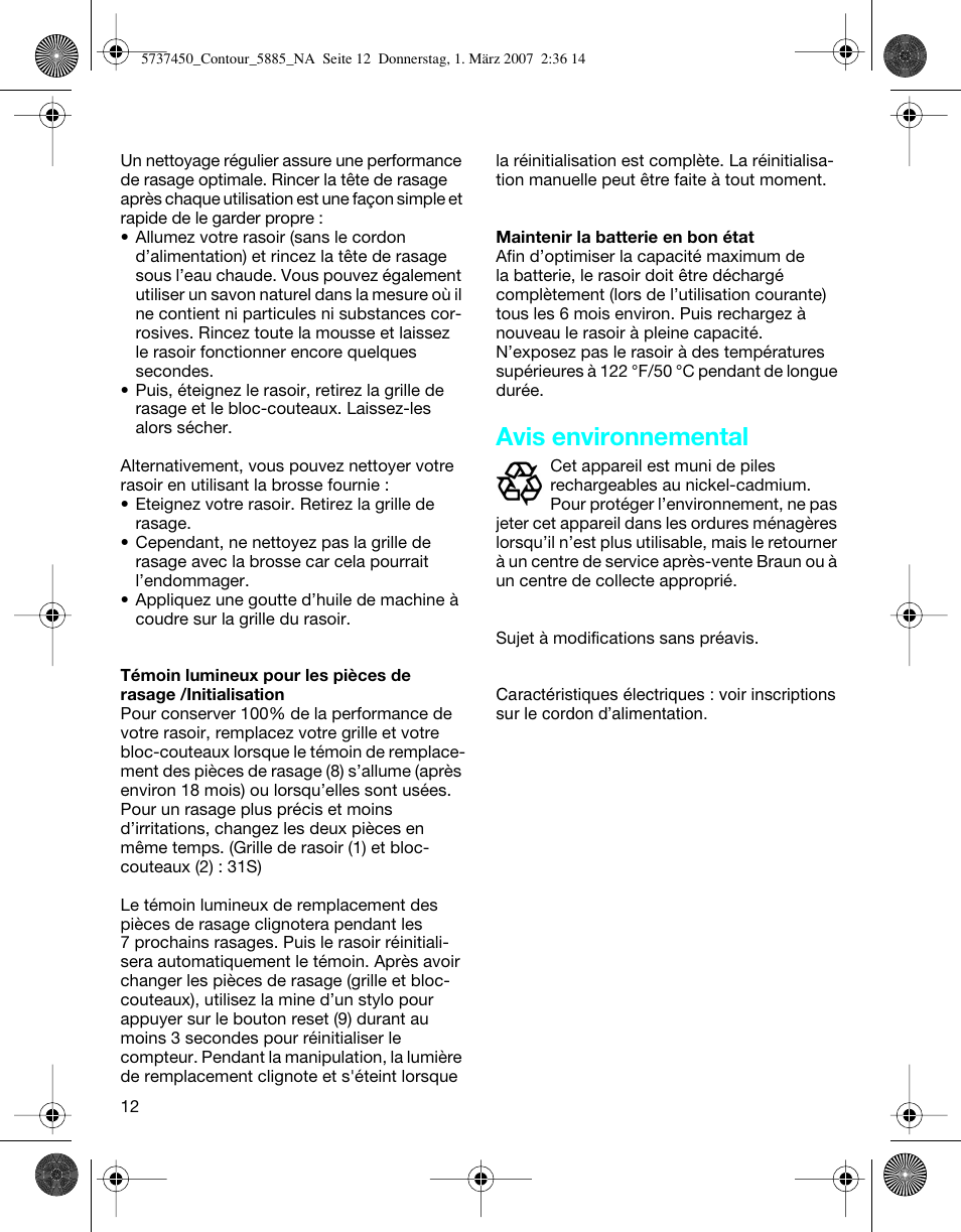 Avis environnemental | Braun 5885 Contour Series User Manual | Page 12 / 18