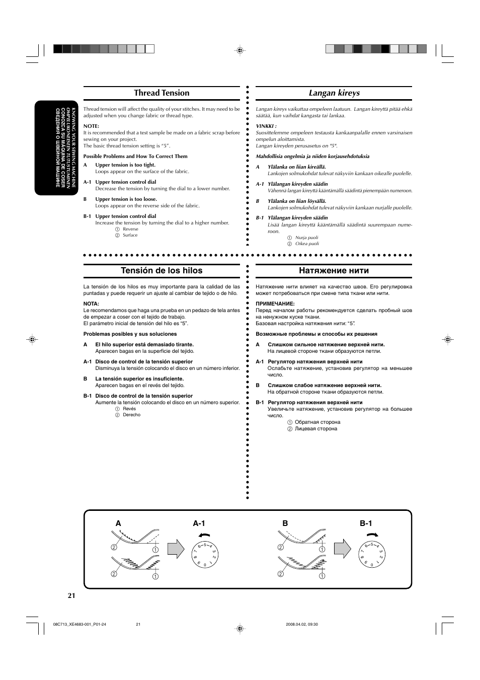 Thread tension, Langan kireys, Tensión de los hilos | Натяжение нити, A-1 a, B-1 b | Brother JS-20 User Manual | Page 32 / 84