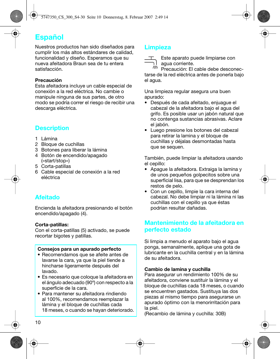 Español, Description, Afeitado | Limpieza, Mantenimiento de la afeitadora en perfecto estado | Braun 300-5747 Series 3 User Manual | Page 10 / 29