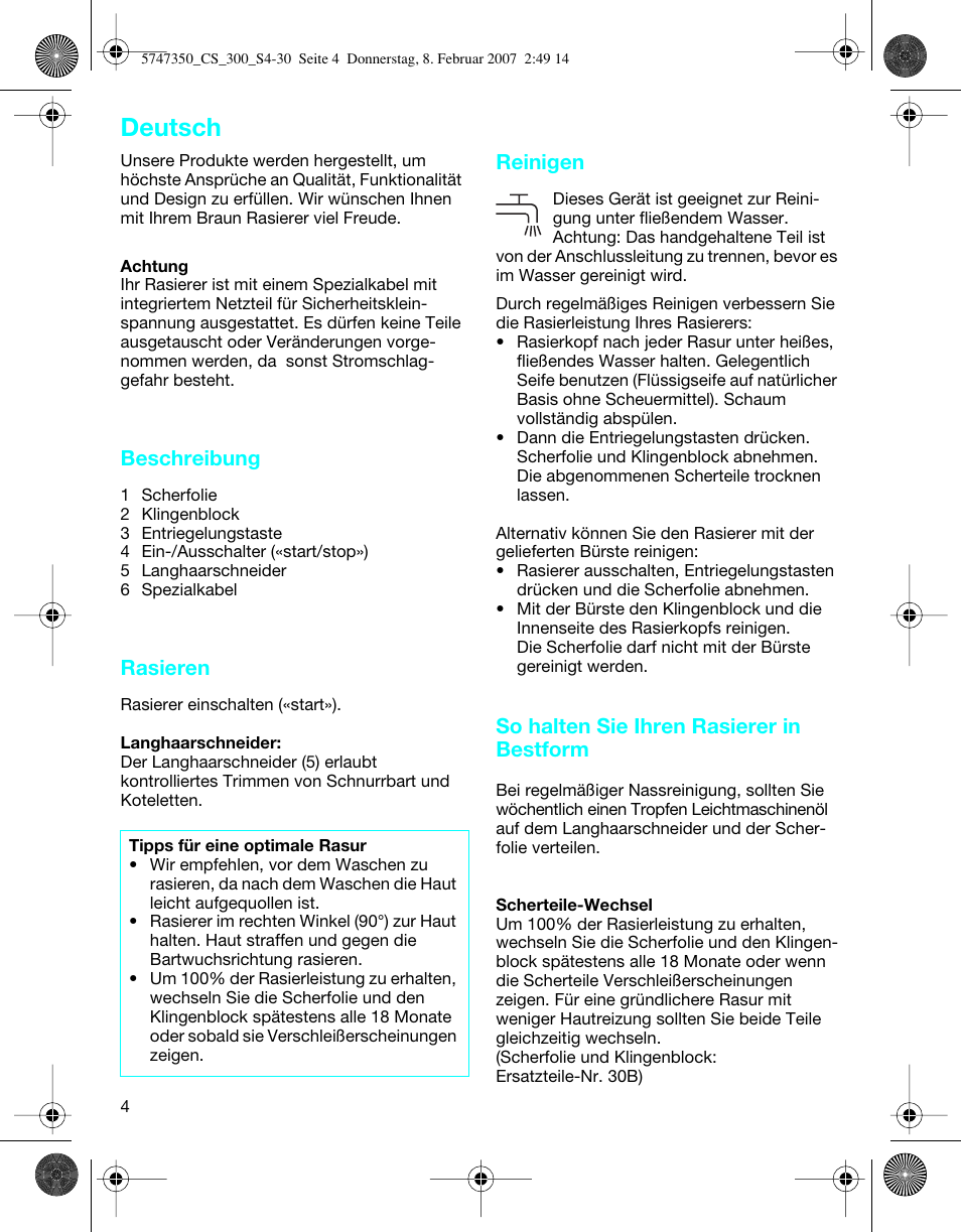 Deutsch, Beschreibung, Rasieren | Reinigen, So halten sie ihren rasierer in bestform | Braun 300-5747 Series 3 User Manual | Page 4 / 29
