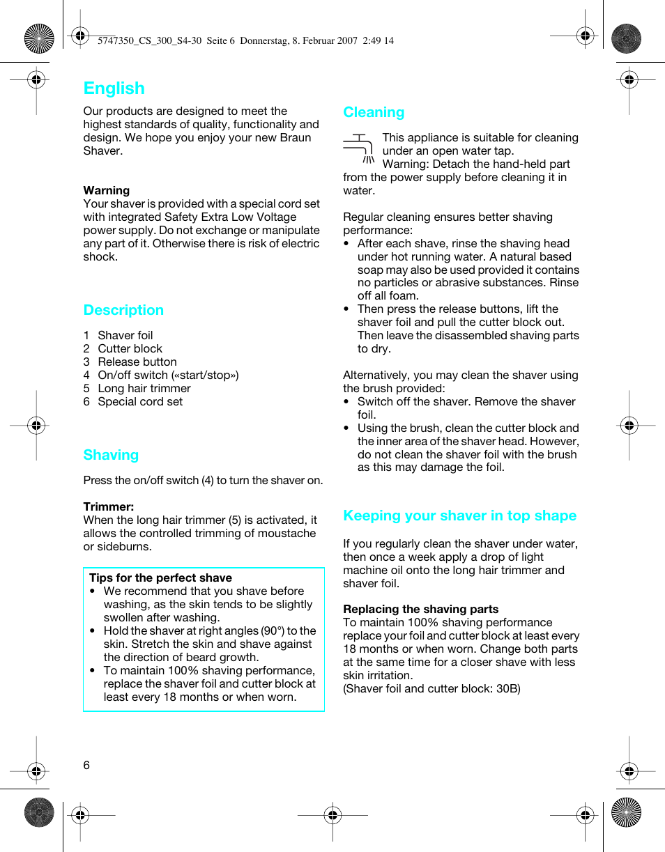 English, Description, Shaving | Cleaning, Keeping your shaver in top shape | Braun 300-5747 Series 3 User Manual | Page 6 / 29