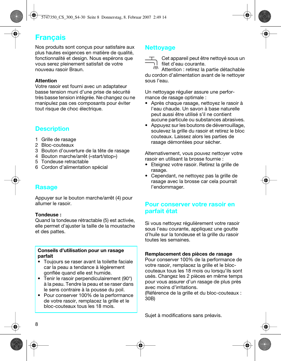 Français, Description, Rasage | Nettoyage, Pour conserver votre rasoir en parfait état | Braun 300-5747 Series 3 User Manual | Page 8 / 29